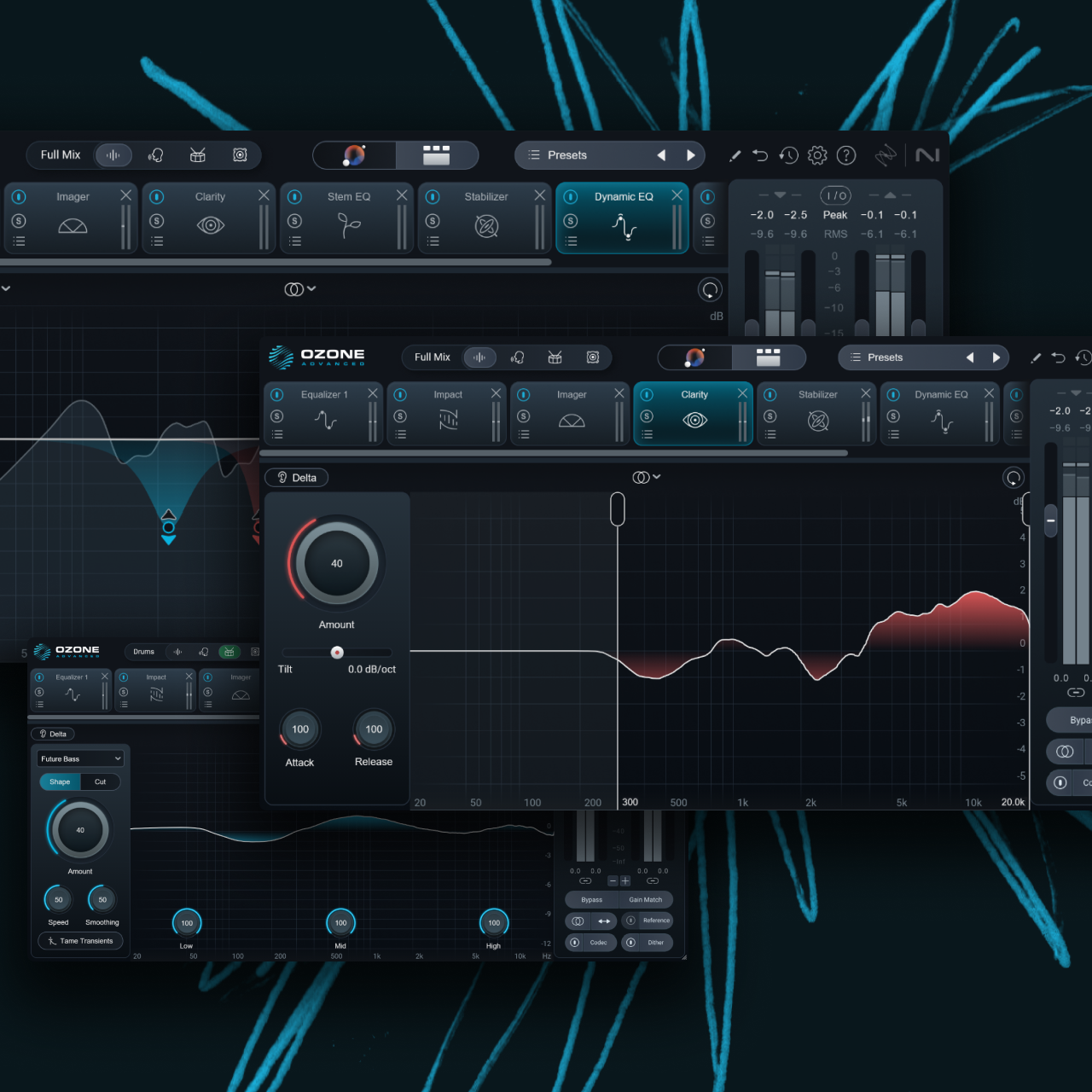 Various screenshots of the iZotope Ozone 12 plugin